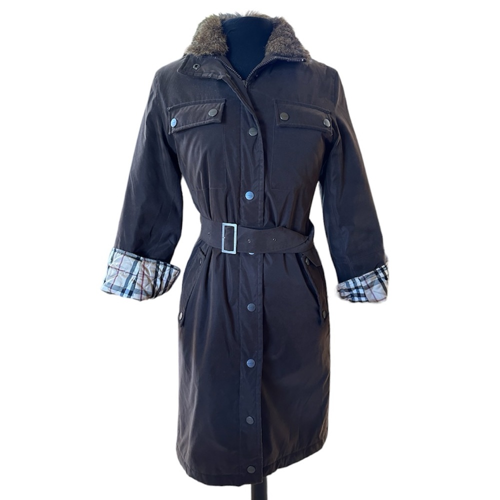 Burberry London Fur Trim Belted Trench Coat